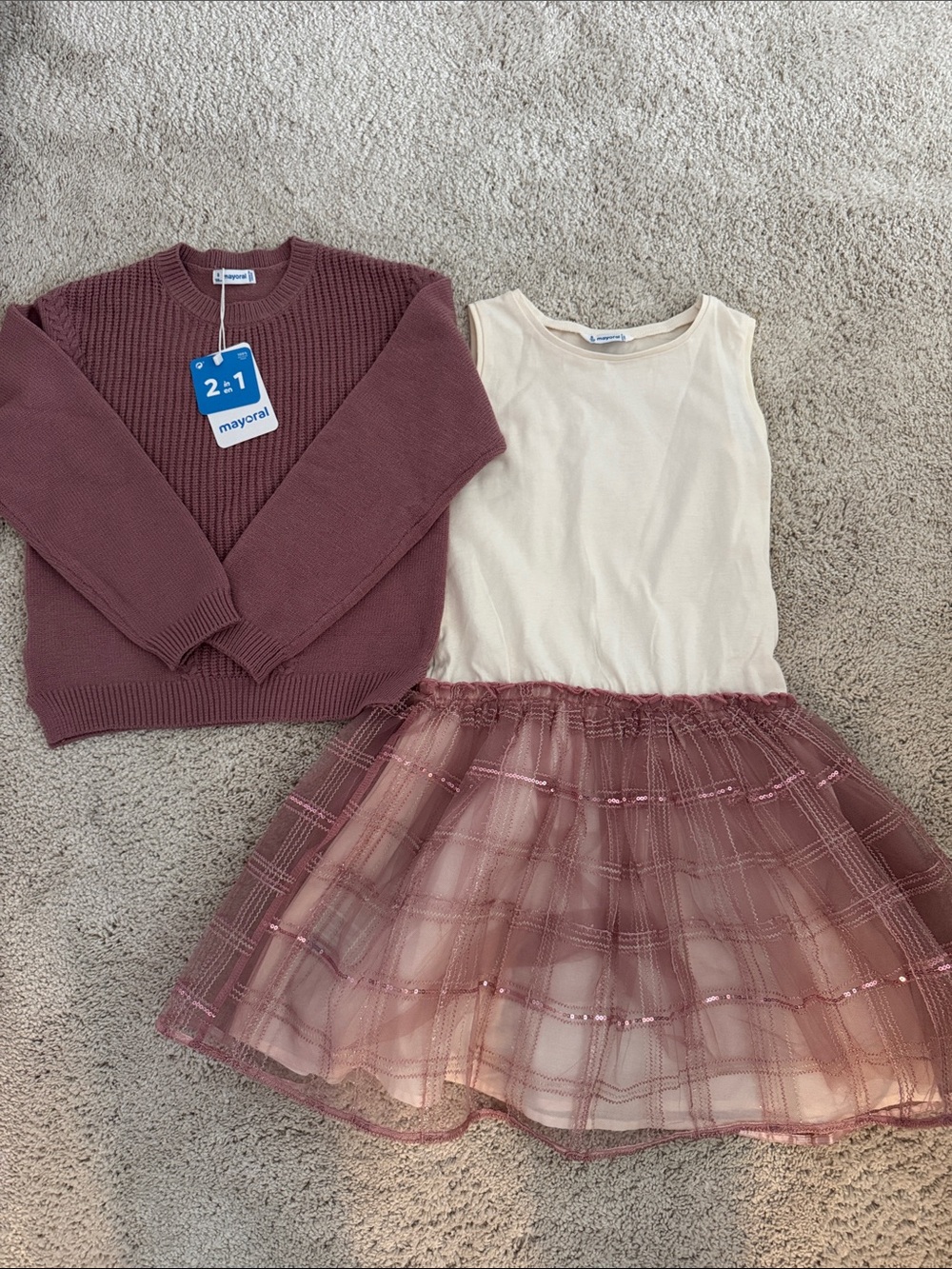 Mayoral Girls 2-in-1 Cream Top with Dusty Rose Sweater & Tulle Skirt